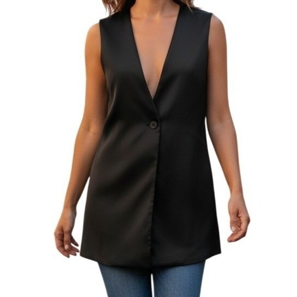 MASSIMO DUTTI Limited Edition Jet Black Satin Longline One Button Vest NWT S